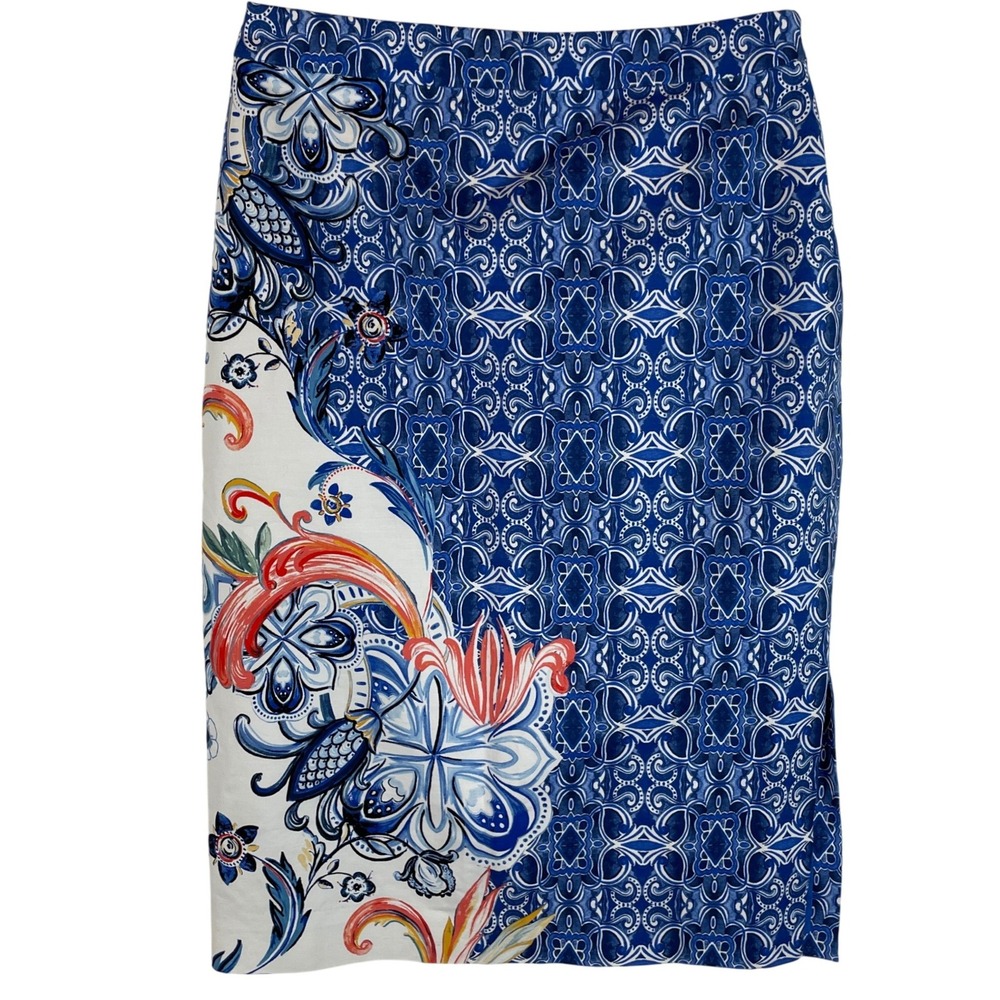 Moulinette Soeurs Anthropologie Blue Floral Tile Pencil Skirt Sz4 Mediterranean